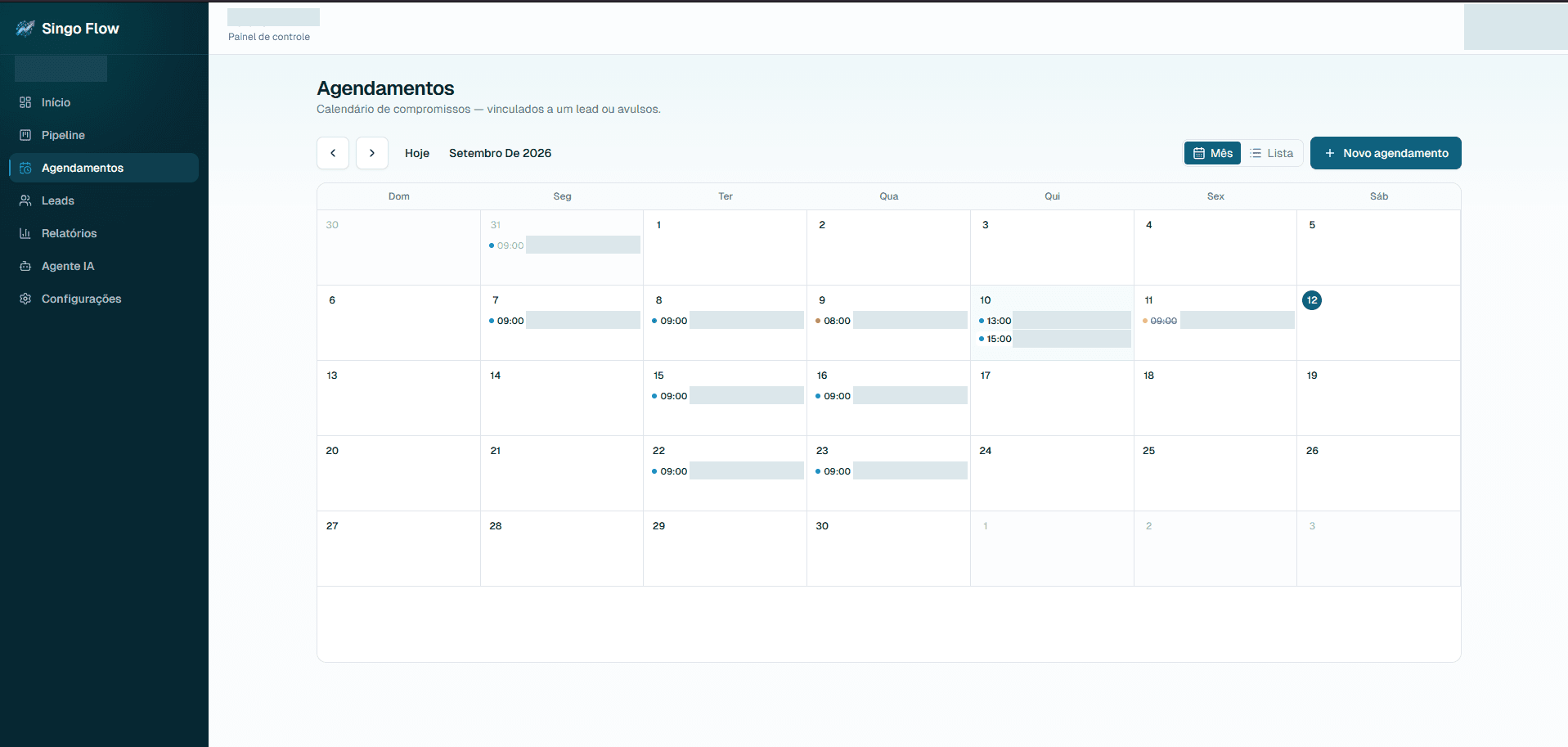 Calendário de agendamentos do Singo Flow